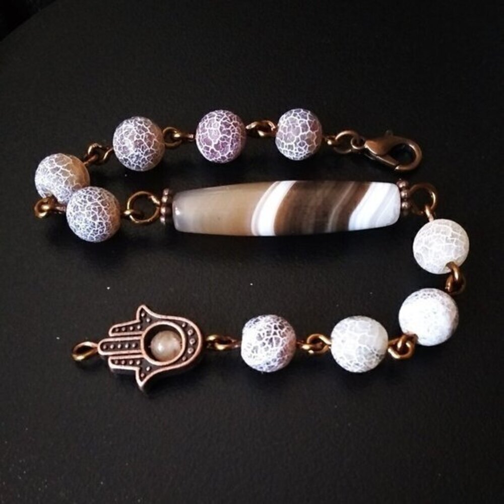 Hamsa Hand Blessing Bracelet! Neutral Shades of Brown! Mixed Agate Beads +Copper